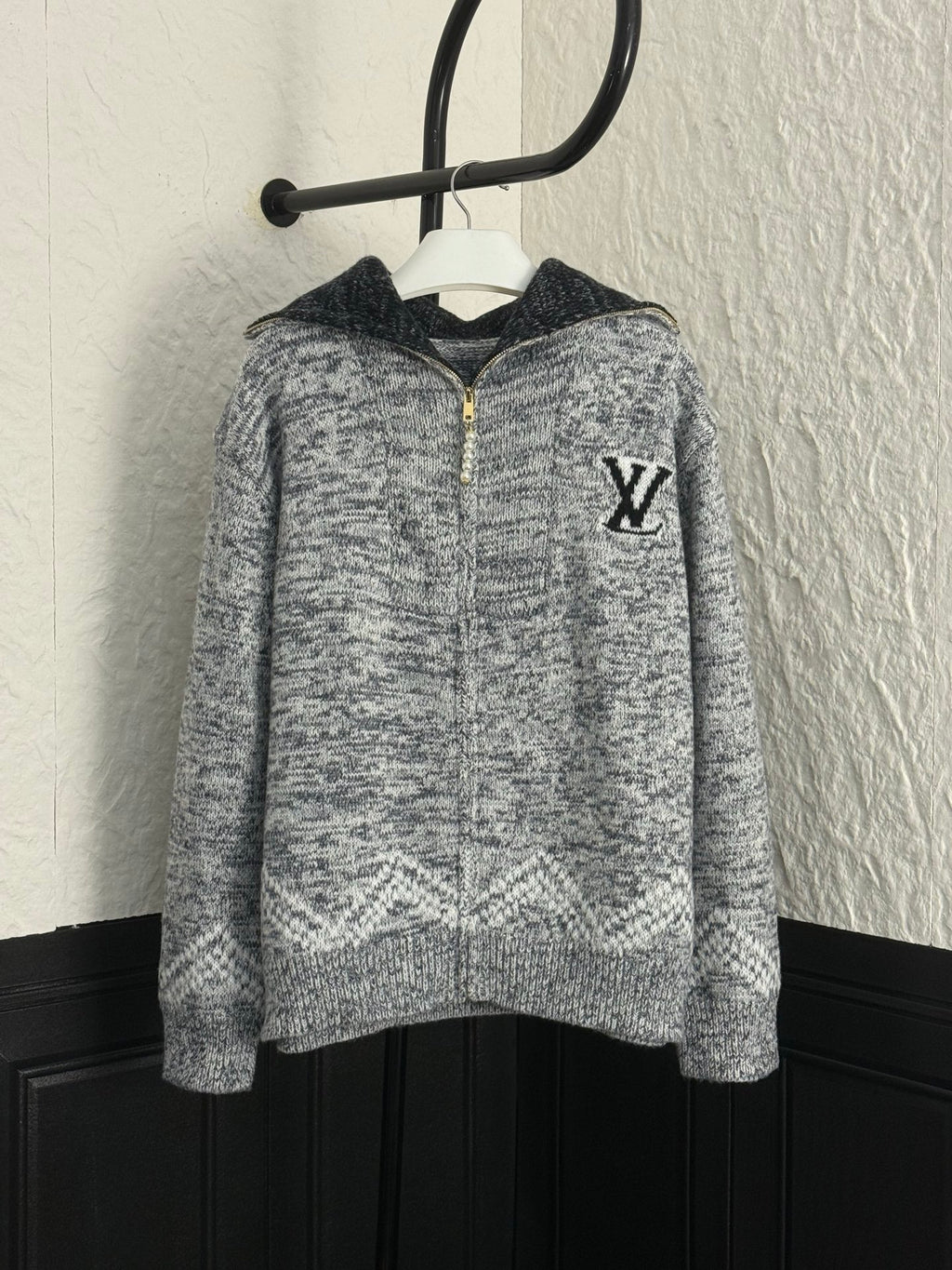 Louis Vuitton grey knit zip sweater with stand collar