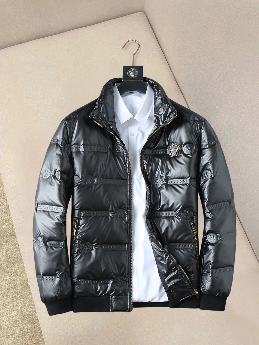 Quilted padded jacket with front zipper and stand collar, dark glossy finish
