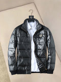 Quilted padded jacket with front zipper and stand collar, dark glossy finish