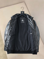 Hooded padded jacket back with central logo patch and quilted texture