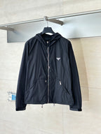 Prada long hooded puffer jacket, black, full-zip front with logo patch