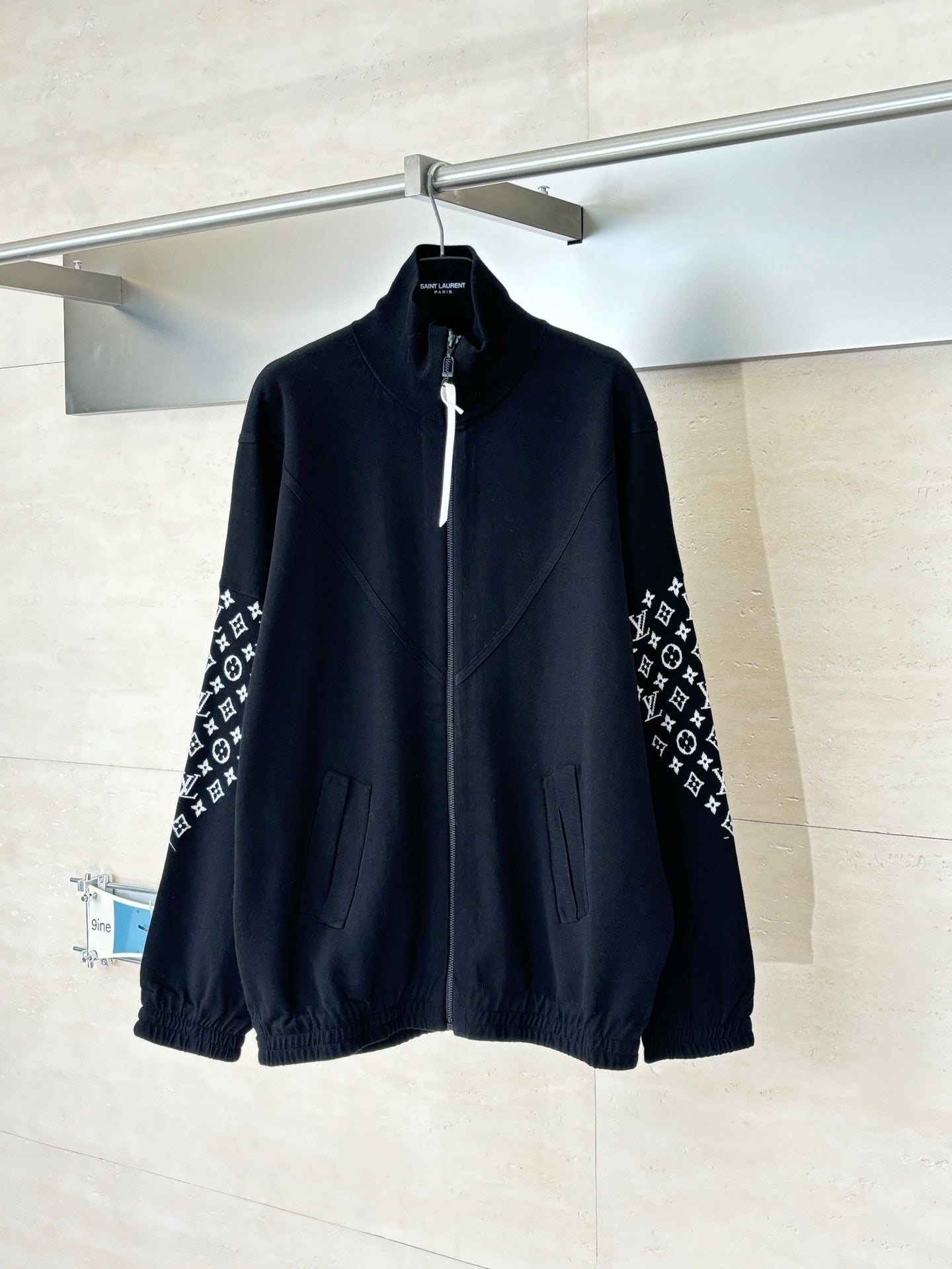 Louis Vuitton zip-up jacket, dark navy, stand collar, logo-print sleeves