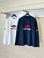 Pair of long-sleeve T-shirts, navy and white, with Balenciaga red logo