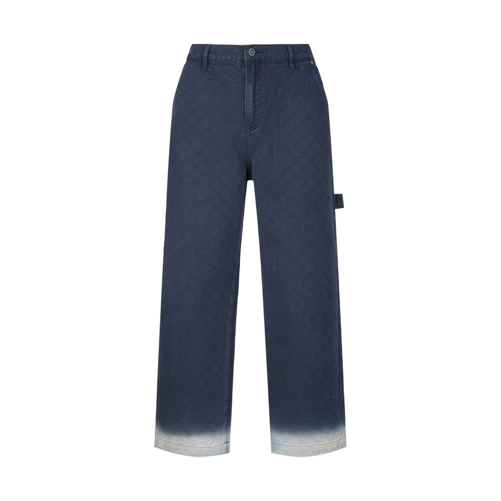 Navy Gucci pants with wide legs and front button fly, light gray hem