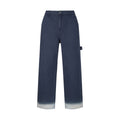 Navy Gucci pants with wide legs and front button fly, light gray hem