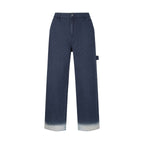 Navy Gucci pants with wide legs and front button fly, light gray hem