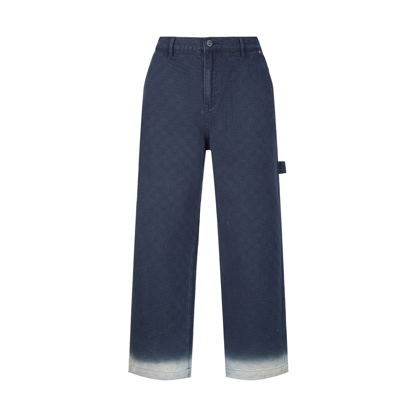 Navy Gucci pants with wide legs and front button fly, light gray hem