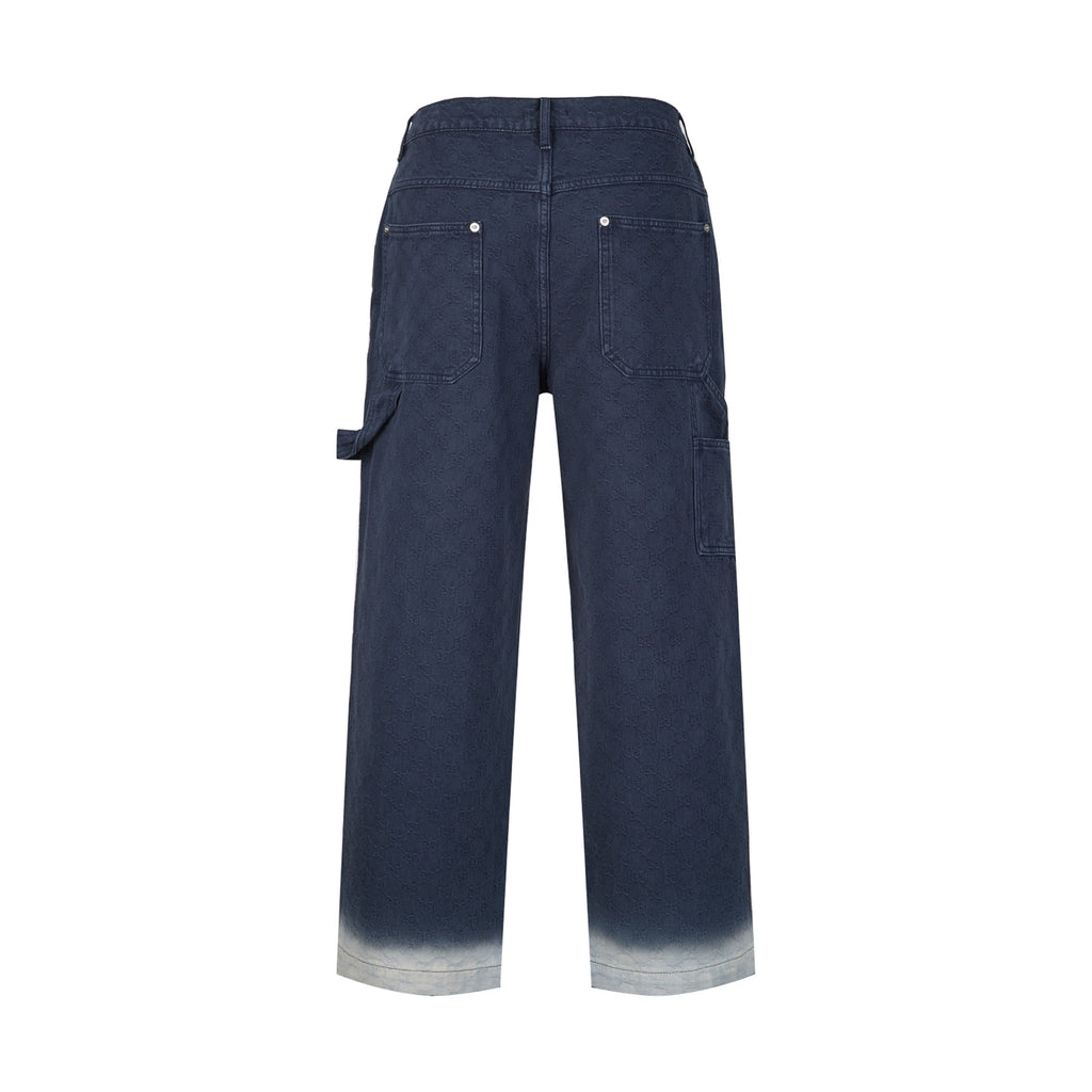 Navy wide-leg pants with back yoke, flap cargo pockets, and button closure