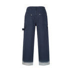 Navy wide-leg pants with back yoke, flap cargo pockets, and button closure
