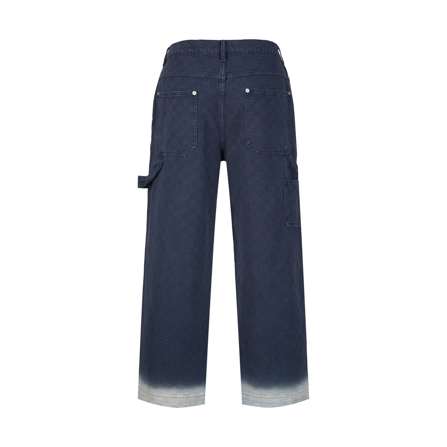 Navy wide-leg pants with back yoke, flap cargo pockets, and button closure