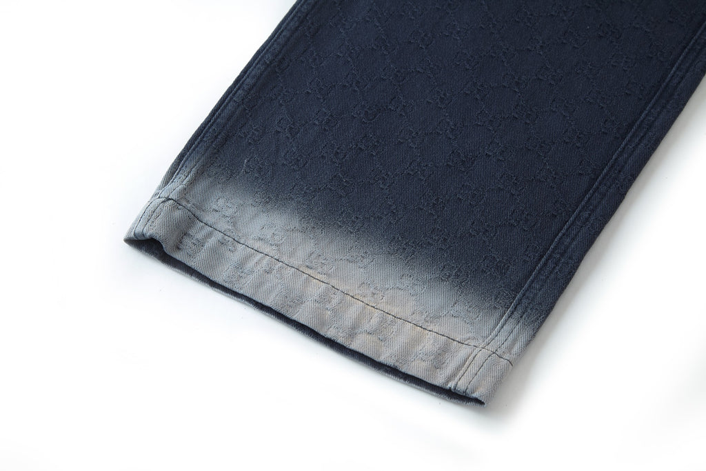 Navy pants with straight hem and subtle gradient wash at cuff