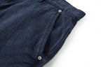 Navy wide-leg pants hem with button tabs and textured jacquard weave