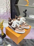 Women's Louis Vuitton low-top sneakers, side view, brown with white laces and monogram accents