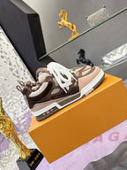 Women's Louis Vuitton low-top sneakers, heel view, brown suede and mesh with white laces