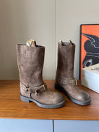 Suede ankle boots with side buckle strap and chunky lug sole, taupe