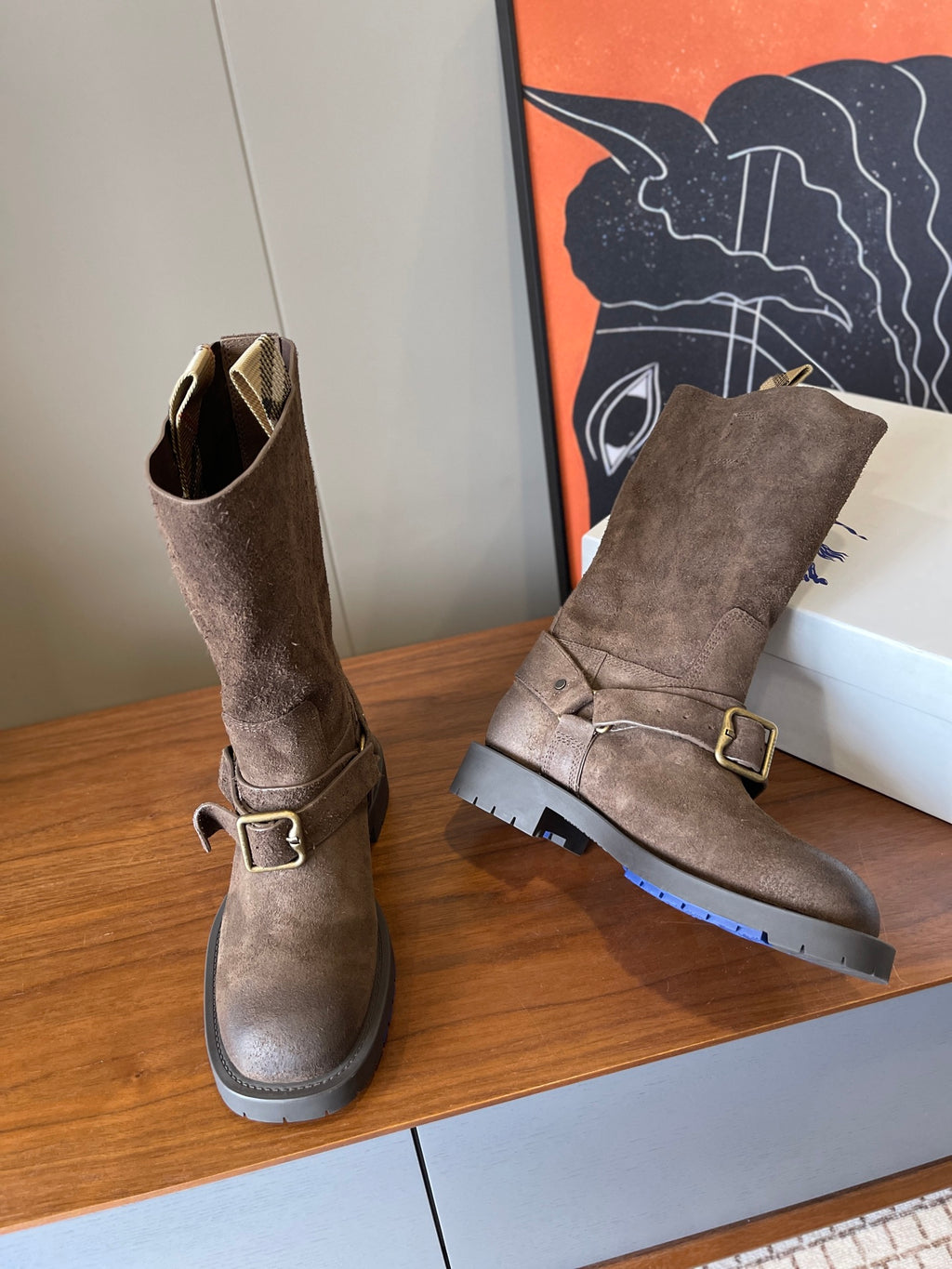 Suede ankle boots with front buckle detail and lug sole, taupe