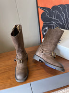Suede ankle boots with front buckle detail and lug sole, taupe
