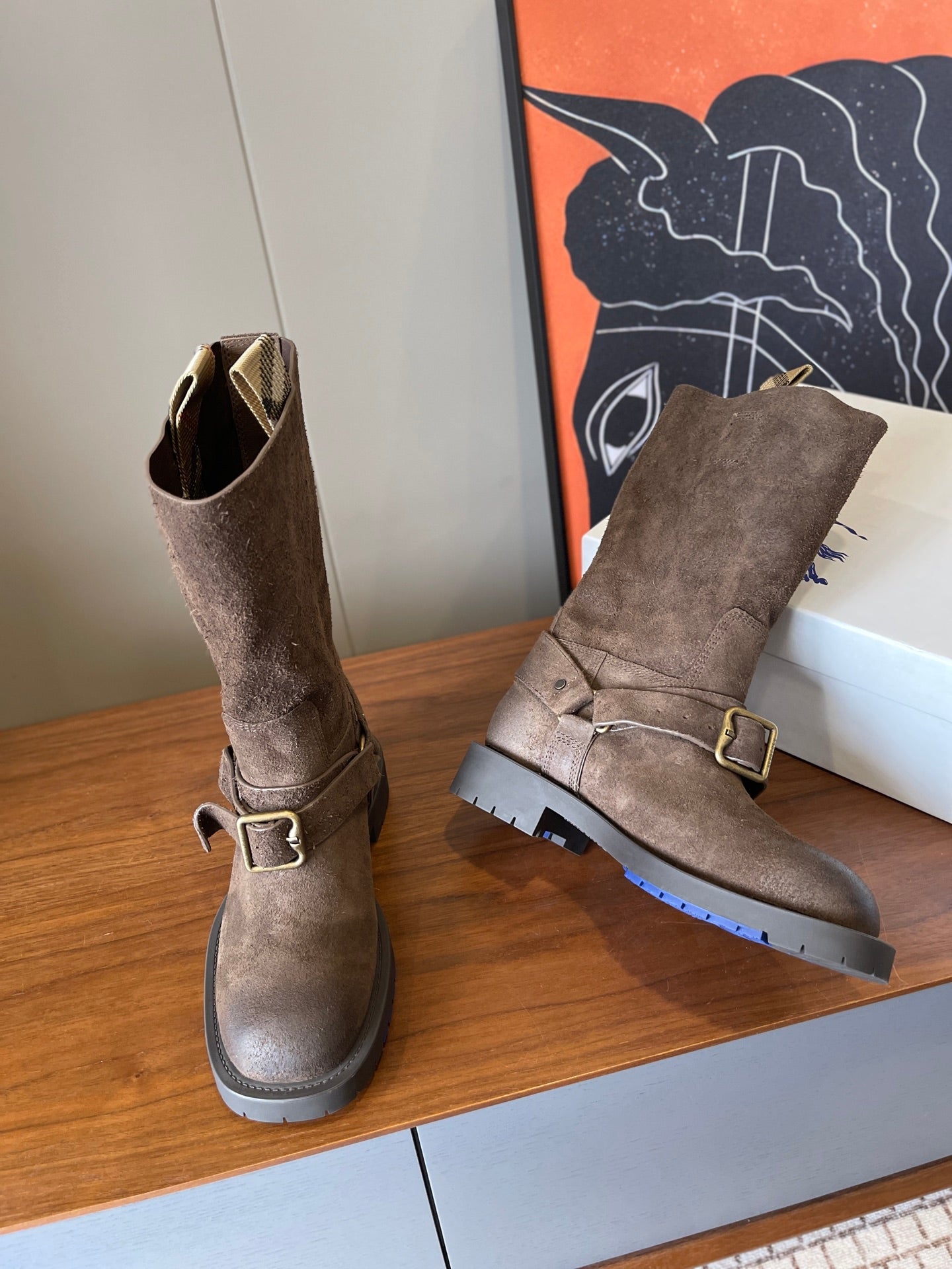 Suede ankle boots with front buckle detail and lug sole, taupe