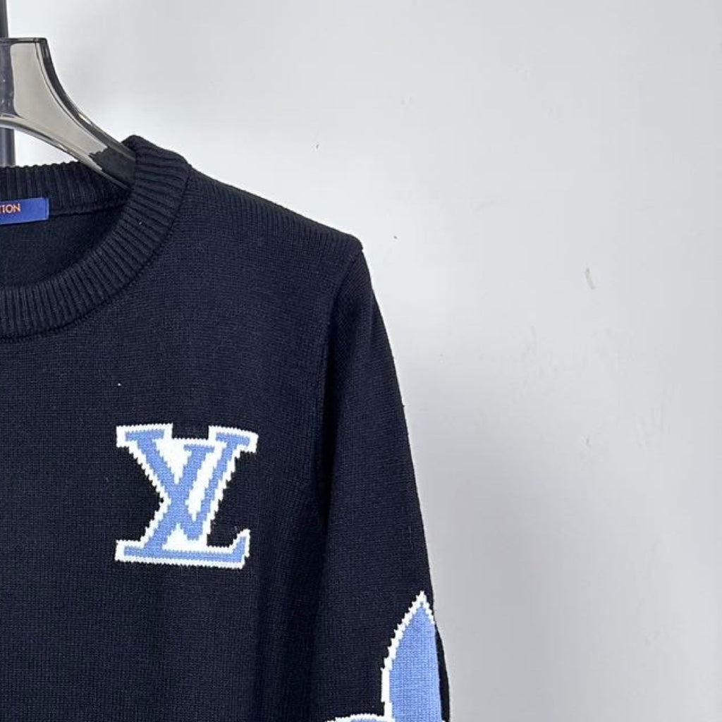 Louis Vuitton long-sleeve sweater with blue LV star logo at upper chest