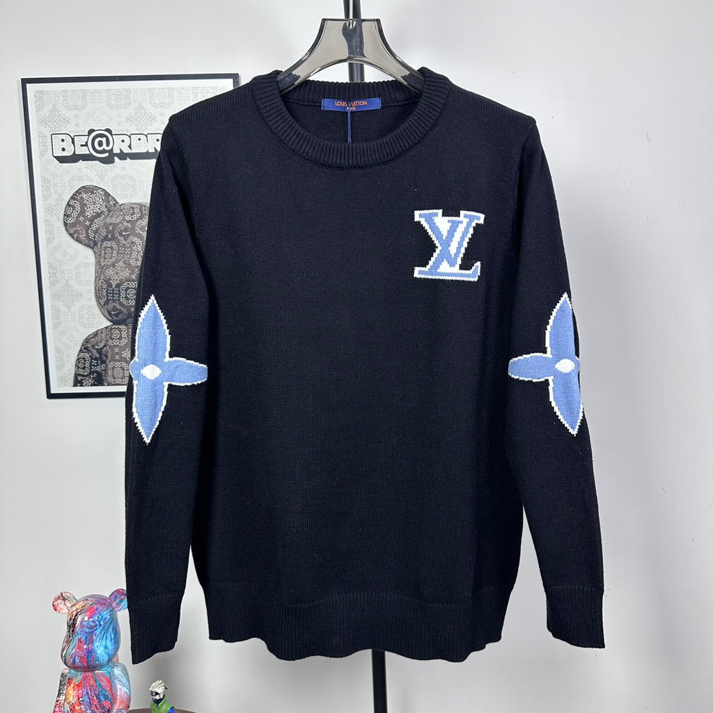 Louis Vuitton long-sleeve sweater with blue LV star logo on chest and sleeves