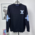 Louis Vuitton long-sleeve sweater with blue LV star logo on chest and sleeves