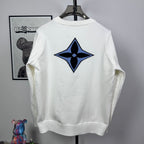 Back view long-sleeve knit sweater in white with large blue star logo