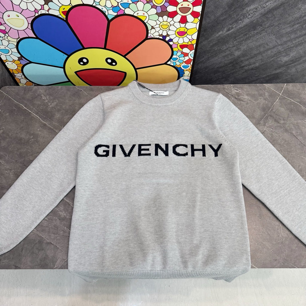Light gray long-sleeve sweatshirt with black GIVENCHY logo text on the front