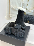 Black suede ankle boots with textured star-like gray sole and white shearling cuff