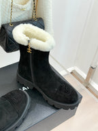 Black suede ankle boots with white shearling cuff and gold charm, on a box