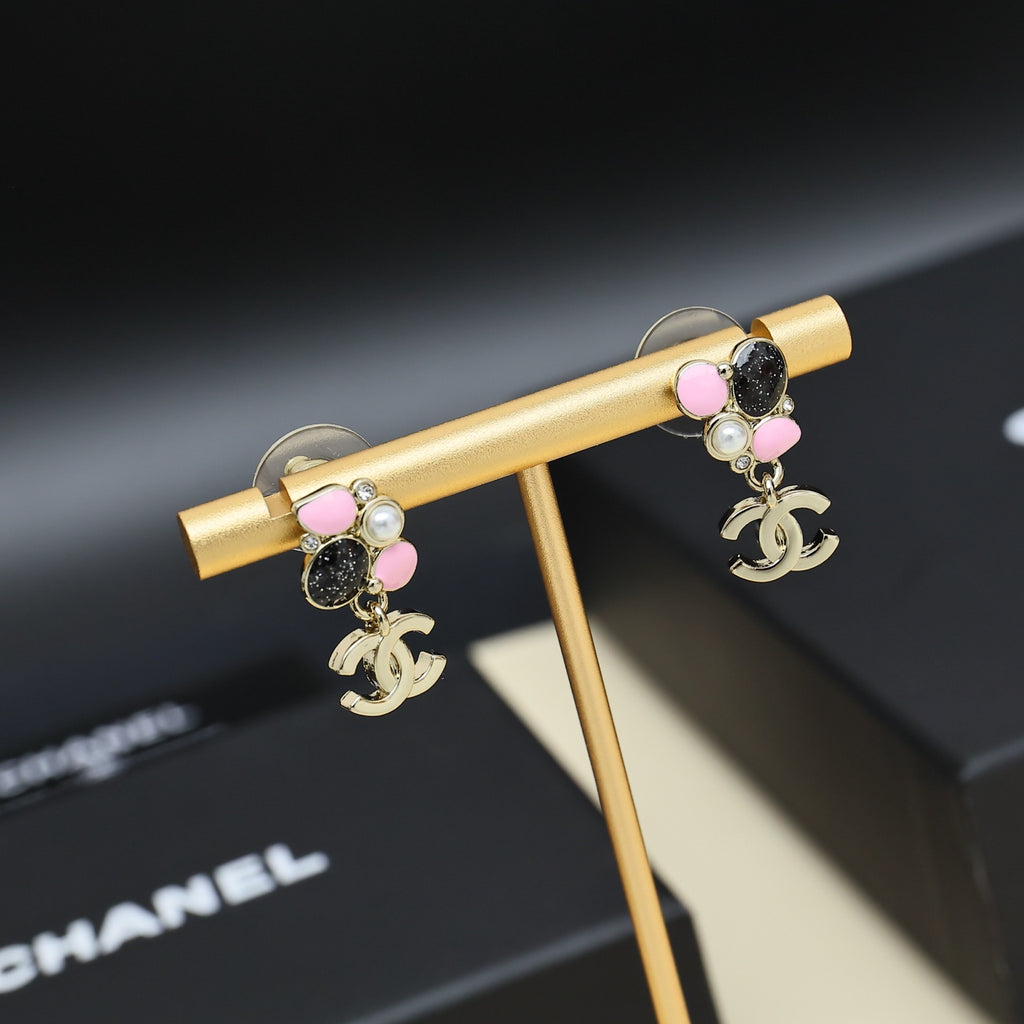 Chanel drop earrings on gold holder, pink bead and pearl charms with logo