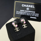Chanel stud earrings with pink and pearl drop charms, gold-tone with logo dangle