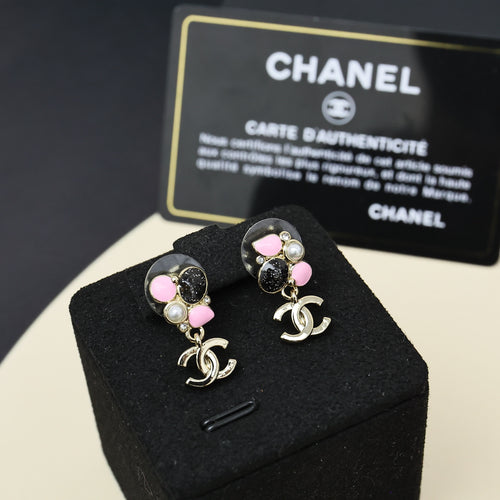 Chanel stud earrings with pink and pearl drop charms, gold-tone with logo dangle