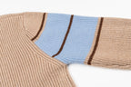 Beige knit sweater with blue shoulder stripe panel and brown edging