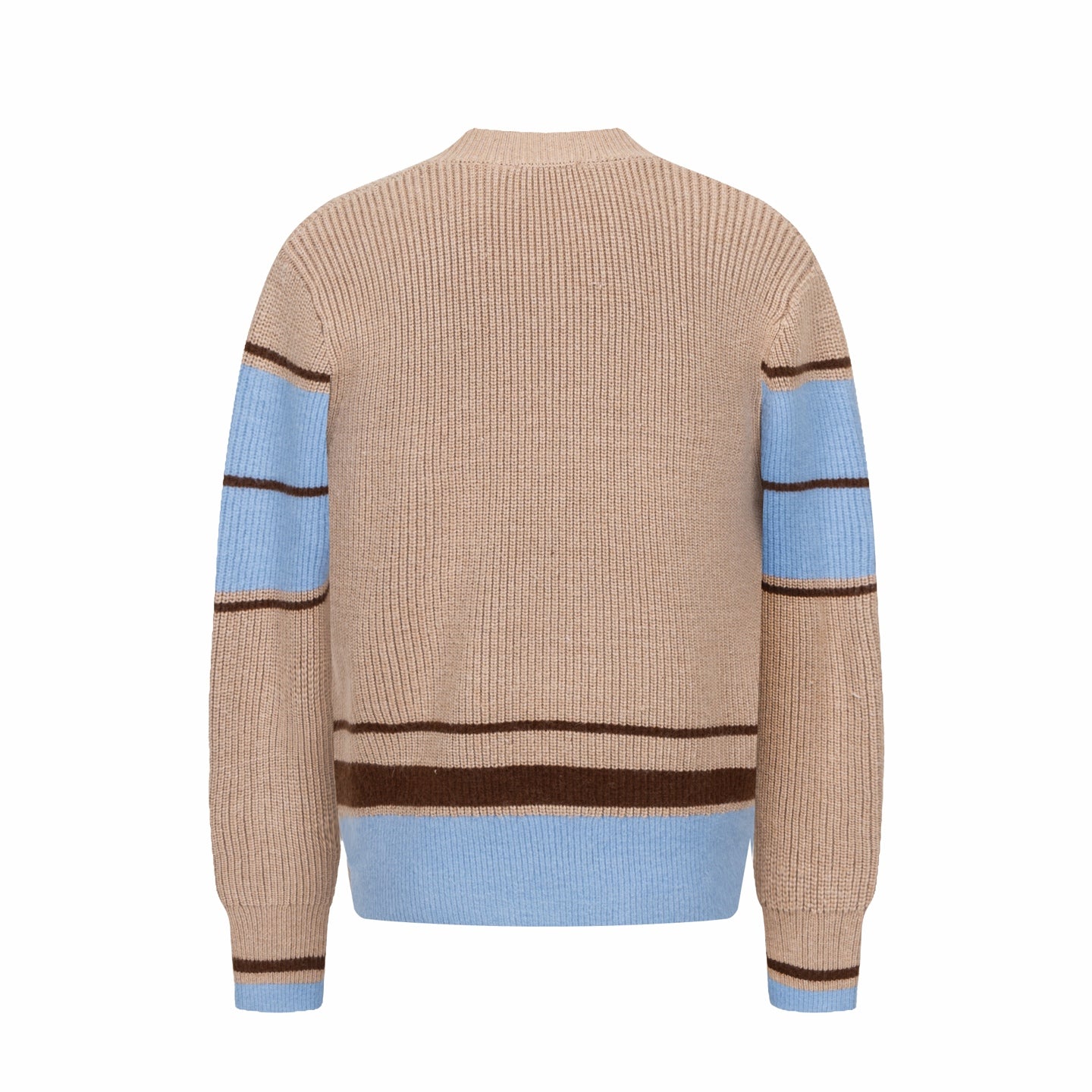 Beige knit sweater back with blue ribbed hem band and brown stripe cuffs