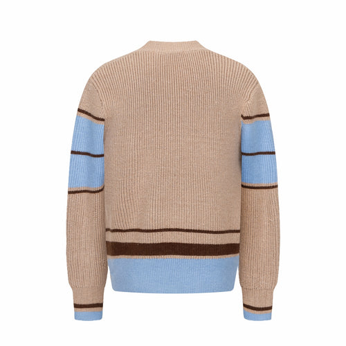 Beige knit sweater back with blue ribbed hem band and brown stripe cuffs