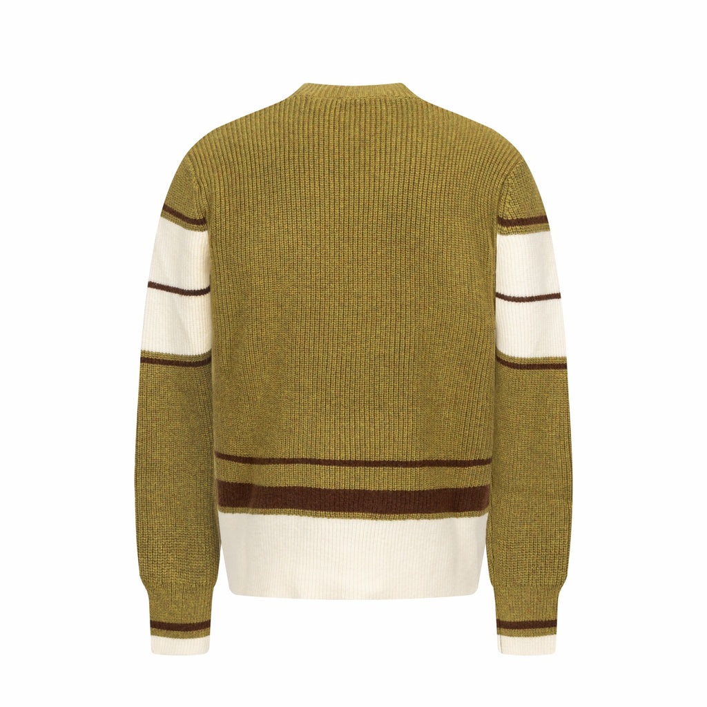 V-neck knit sweater with striped cuffs, solid back view
