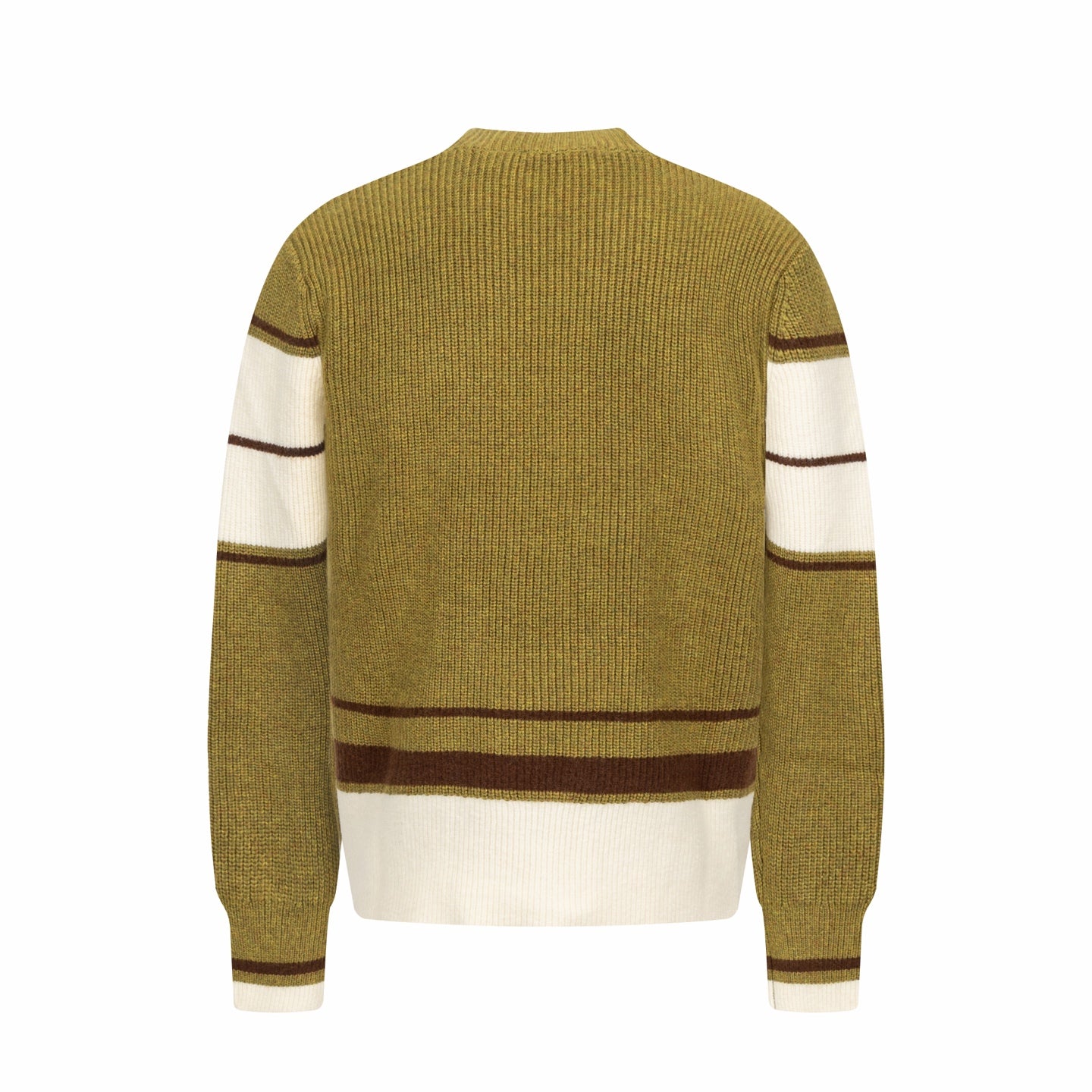 V-neck knit sweater with striped cuffs, solid back view