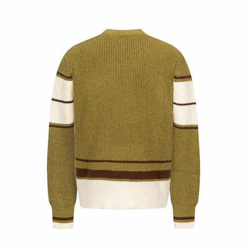 V-neck knit sweater with striped cuffs, solid back view