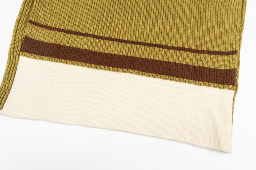 Knit sweater bottom with horizontal striped hem band in brown and white