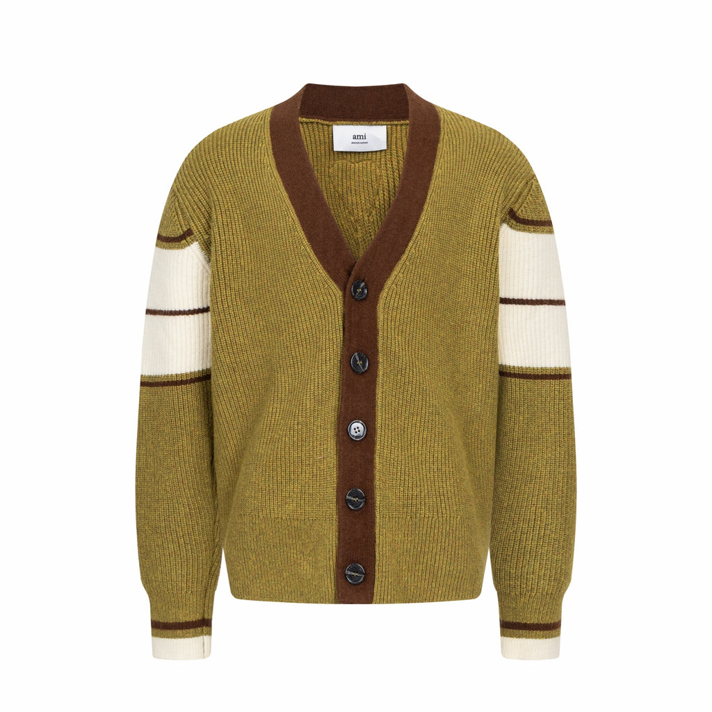 Olive knit cardigan with brown button placket and white striped cuffs