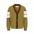 Olive knit cardigan with brown button placket and white striped cuffs