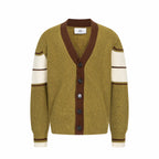 Olive knit cardigan with brown button placket and white striped cuffs
