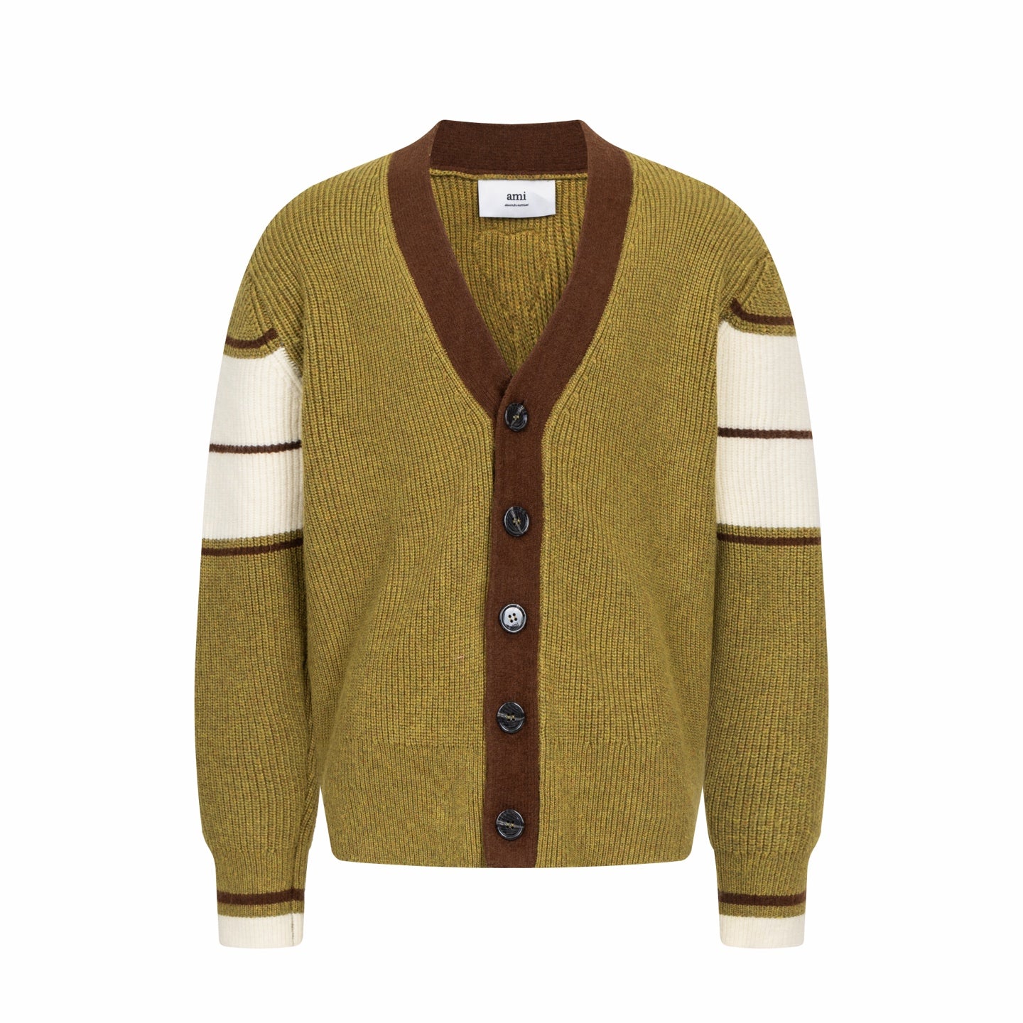 Olive knit cardigan with brown button placket and white striped cuffs