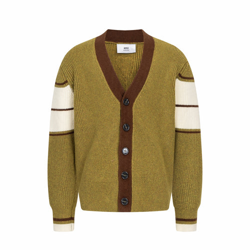 Olive knit cardigan with brown button placket and white striped cuffs
