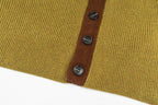 Olive knit hem with brown placket and three dark metal buttons