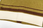 Yellow knit fabric with dark brown stripe and banded hem detail