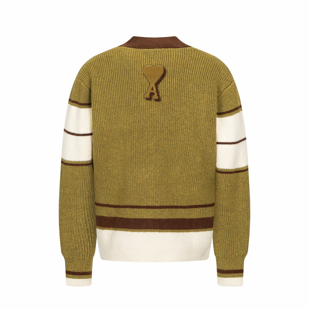 Olive knit cardigan back with brown collar and embroidered bone logo
