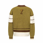 Olive knit cardigan back with brown collar and embroidered bone logo
