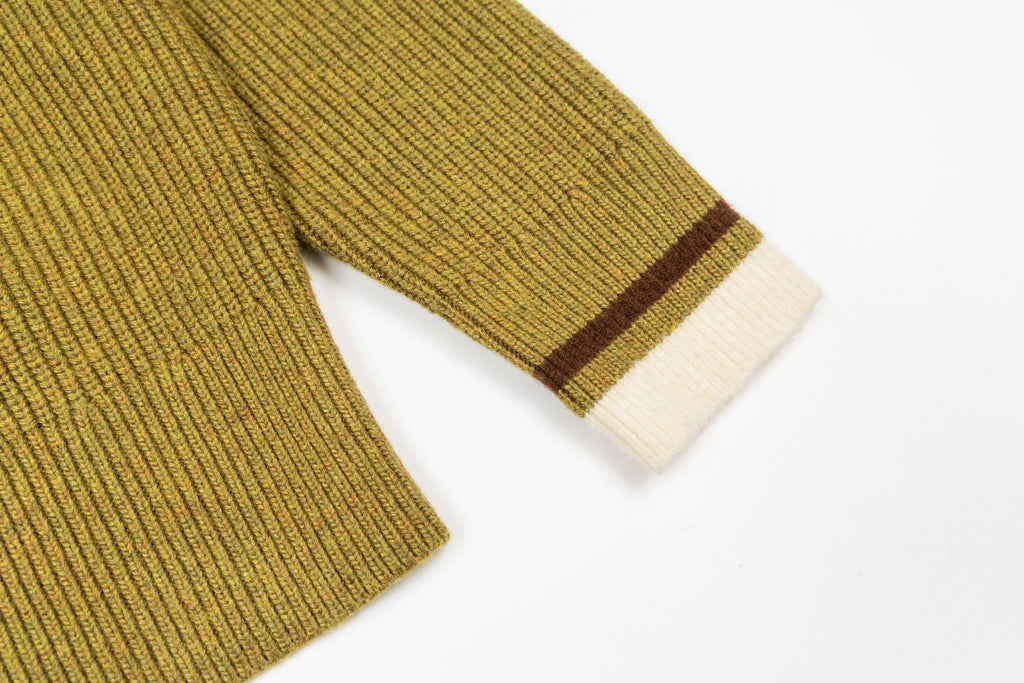 Olive knit cardigan sleeve with brown and white stripe accents