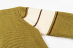 Olive cardigan collar with brown trim and white striped sleeve hem